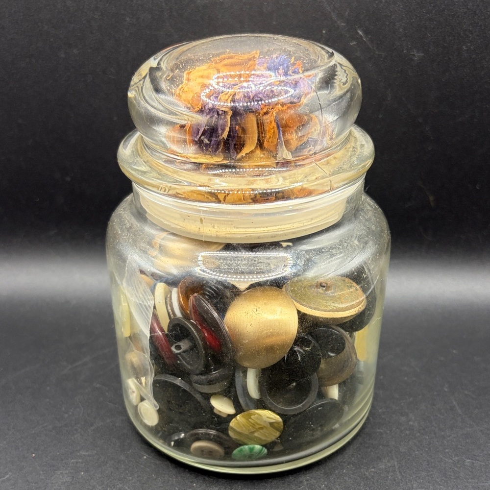 Jar of Buttons, Mixed Lot Vintage & Modern Buttons in Lidded Glass Jar